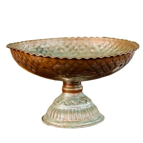 Vintage Handcrafted Copper Brass Pedestal Bowl 10” Wide Engraved Rustic - Picture 2 of 4